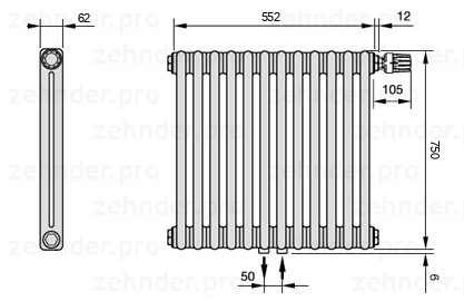 Схема (чертеж) Радиатор Zehnder Charleston 2075/12 №V008 Белый глянцевый RAL 9016